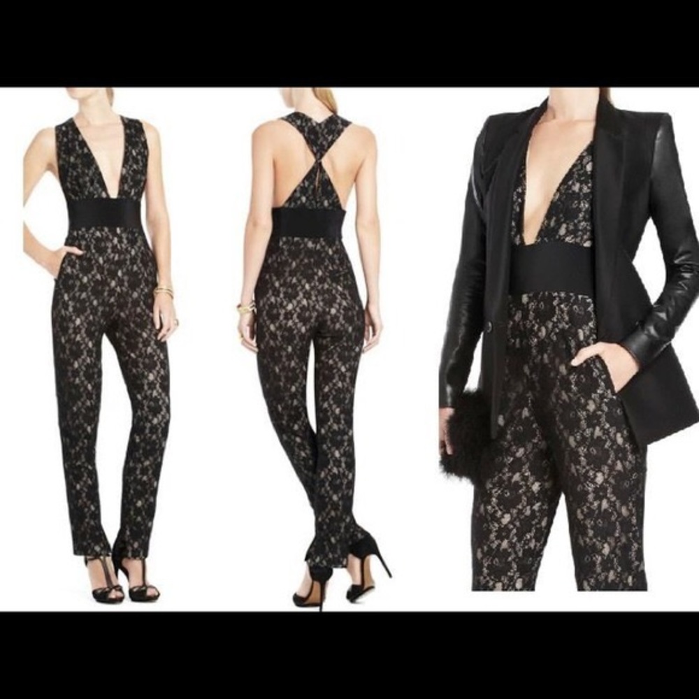 BCBGmaxazria Nude & Black Lace Jumpsuit